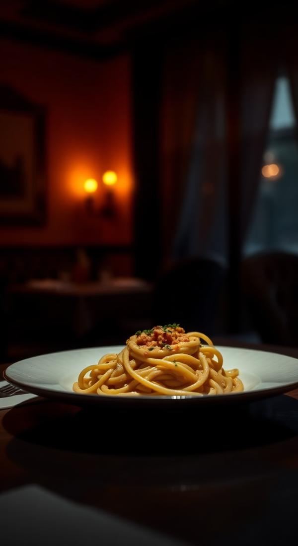Dimly lit intimate plate of pasta